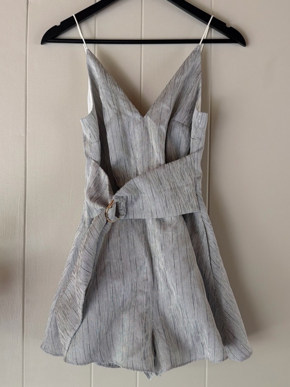 KEEPSAKE the Label Striped V-Neck Belted Romper in Light Gray